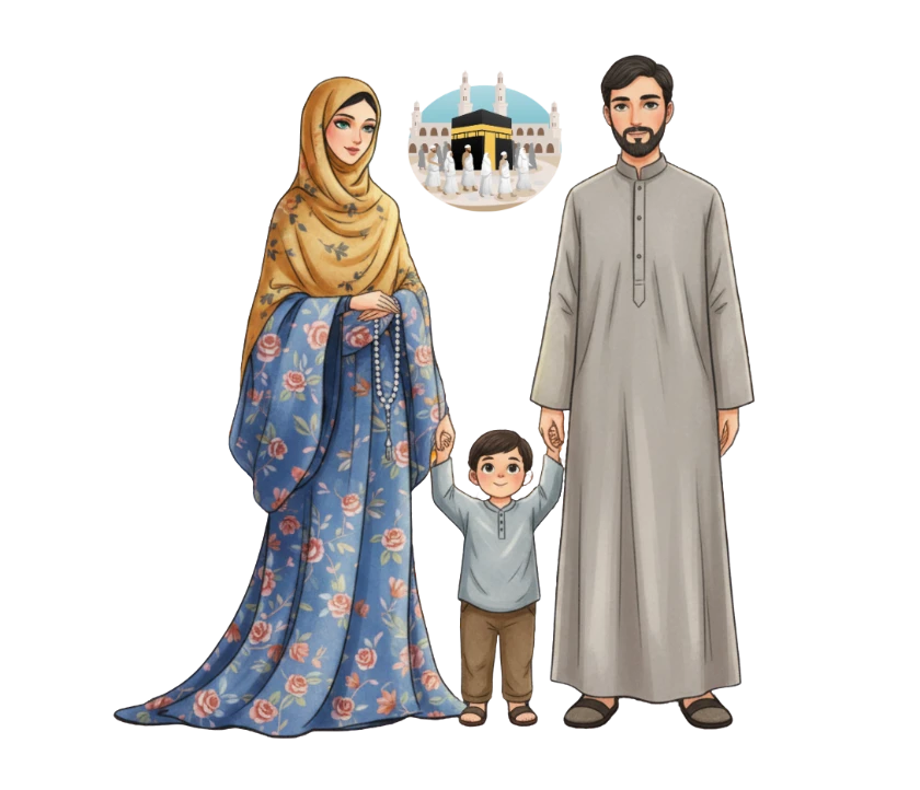 Family of four people dressed in white pilgrimage clothes standing in front of an orange mandala pattern