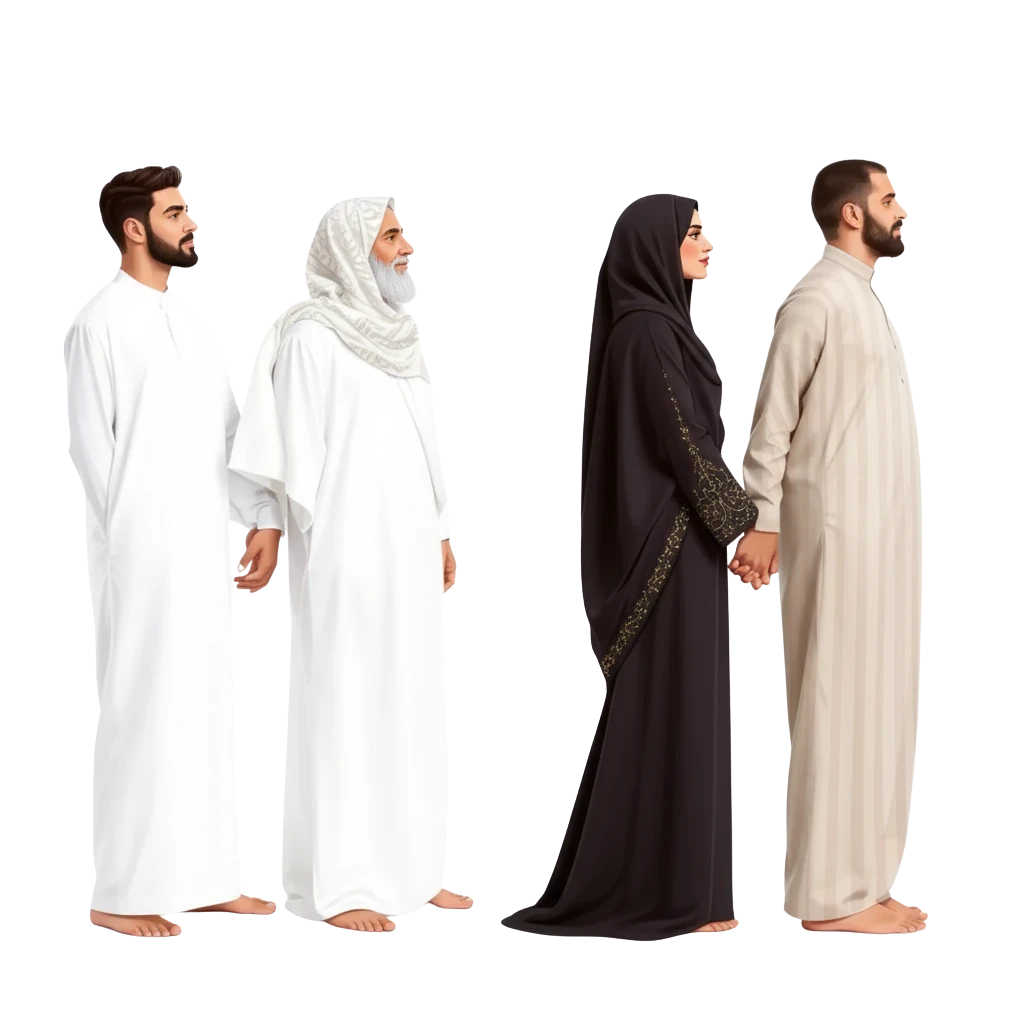 Family of four wearing ihram clothing holding hands, standing barefoot, facing right on white background